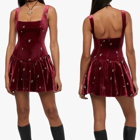 NWT WeWoreWhat Corset Peplum Mini Dress Embroidered Velvet Burgundy Women's US 2 - Picture 1 of 8